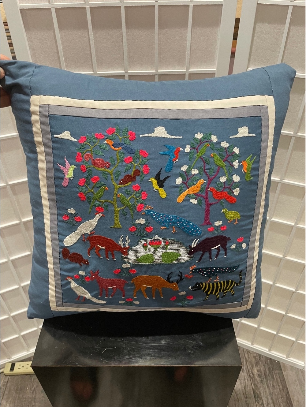 Hand Embroidered Decorative Throw Pillow w/ Folk Art Animal Motif